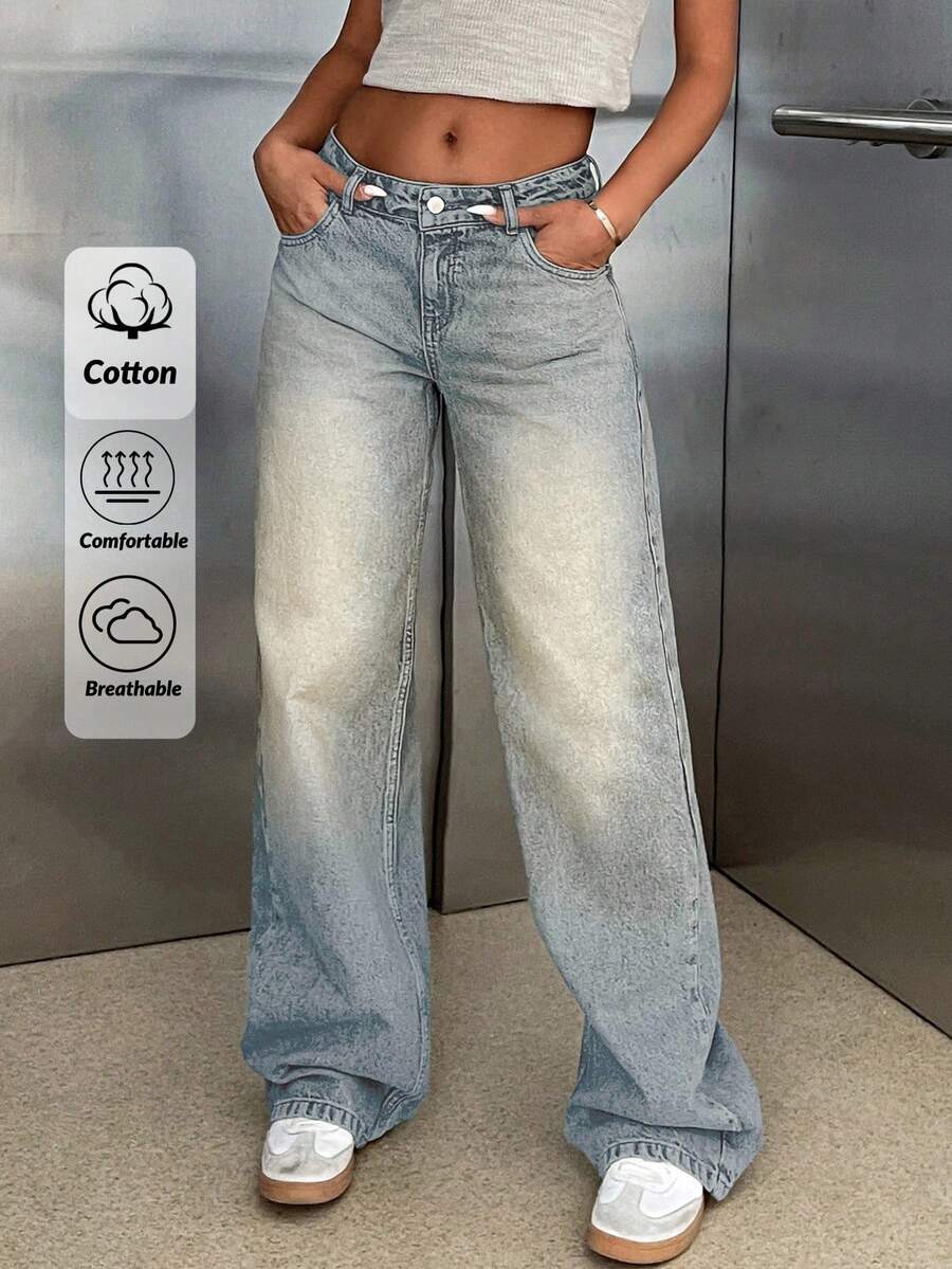 CasuGlow 100% Cotton LOW RISE WIDELEG CUT VINTAGE WASH Y2K STYLE JEAN - Medium Wash - View 1