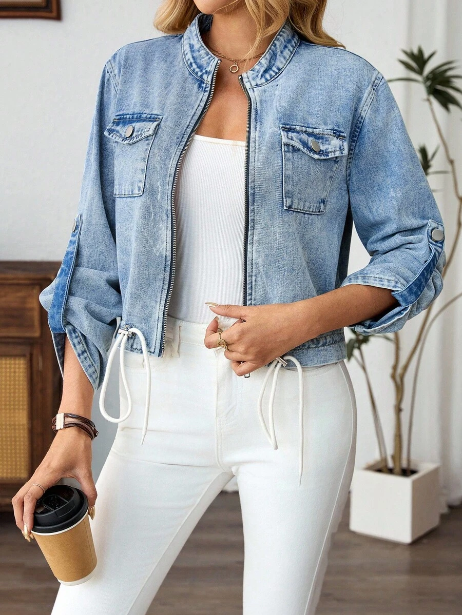 EMERY ROSE Mature Denim New Women's Stand Collar Center Front Zipper Hem Waisted Loose Coat Long Sleeve Denim Jacket, Work Light Blue Fall Going Out Office Work Y2k Fall Jacket Concert Winter Work - Medium Wash - View 1