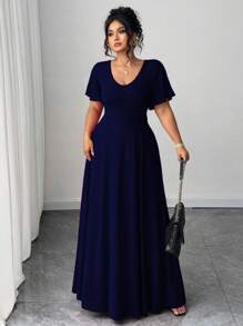Elenzga Váy dệt kim co giãn cổ chữ V sâu tay bèo nhún cỡ lớn thanh lịch tối giản dự tiệc ngày lễ - Màu xanh hải quân - Xem 6