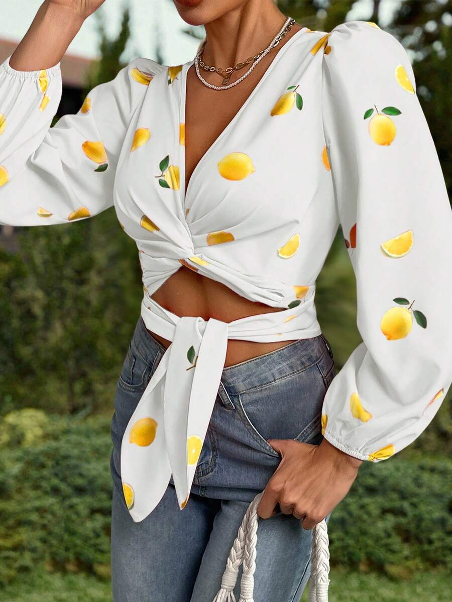 INAWLY Vacation Casual Lemon Print Drawstring Wrap Lantern Sleeve Shirt Fall Cloth For Women - Yellow - View 1