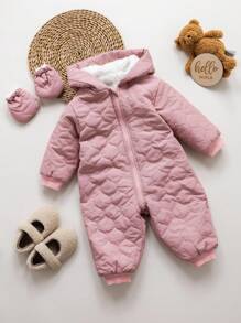 SHEIN Combinaison à capuche matelassée en coton de couleur unie pour bébé fille nouveau-né, chaude et épaisse pour l'automne/l'hiver - Rose bonbon - Voir 7