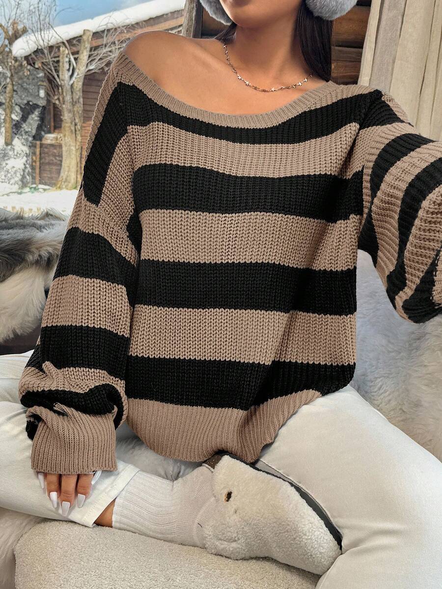 SHEIN EZwear 秋冬大码露肩条纹针织套头衫 - 黑色 - 查看 1
