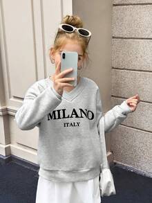 SHEIN 青少年女孩 V 领宽松运动衫，休闲简约，适合秋冬季 - 淺灰色 - 查看 6