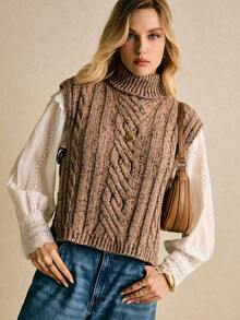 Poéselle Chaleco de punto de cuello alto con patrón de giro, casual, para mujer, otoño