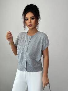 Lacomfia Women's Solid Color Front Button Floral 3D Knitted Cardigan Sweater - Grey - View 5