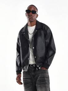 SUMWON Weave Pattern Faux Leather Harrington Jacket Quilted Design Wide Leg Streetwear Fall Winter Collection Outerwear - Black - View 5