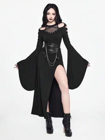 Goth Dunkles Partykleid mit Fischernetz-Trompetenärmeln für Frauen