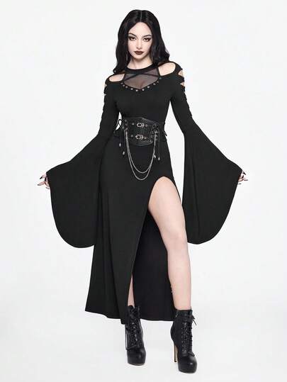 Goth Halloween Women Dress Dark Party Hollow Fishnet Flare Sleeve Dress For Women