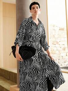 Uhlyne 女装秋季高端黑白斑马纹长袖纽扣衬衫裙，优雅系腰宽松休闲商务通勤连衣裙 - 黑色 - 查看 3