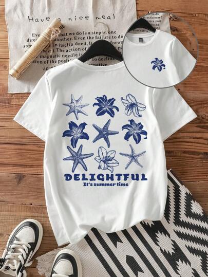 SHEIN EZwear 34% Cotton Casual Round Neck Short Sleeve Fitted Plus Size Women T-Shirt, Hibiscus Flower Vintage Print, Suitable For Summer