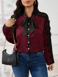 SHEIN Privé Plus Size Women Elegant Everyday Comfortable Lace Patchwork Bowknot Slim Fit Long Sleeve Khaki Blouse, Spring/Autumn