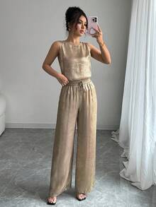 Elenzga 2pcs Women's Gold Material Sleeveless Top And Wide Leg Pants Set - Gold - View 5