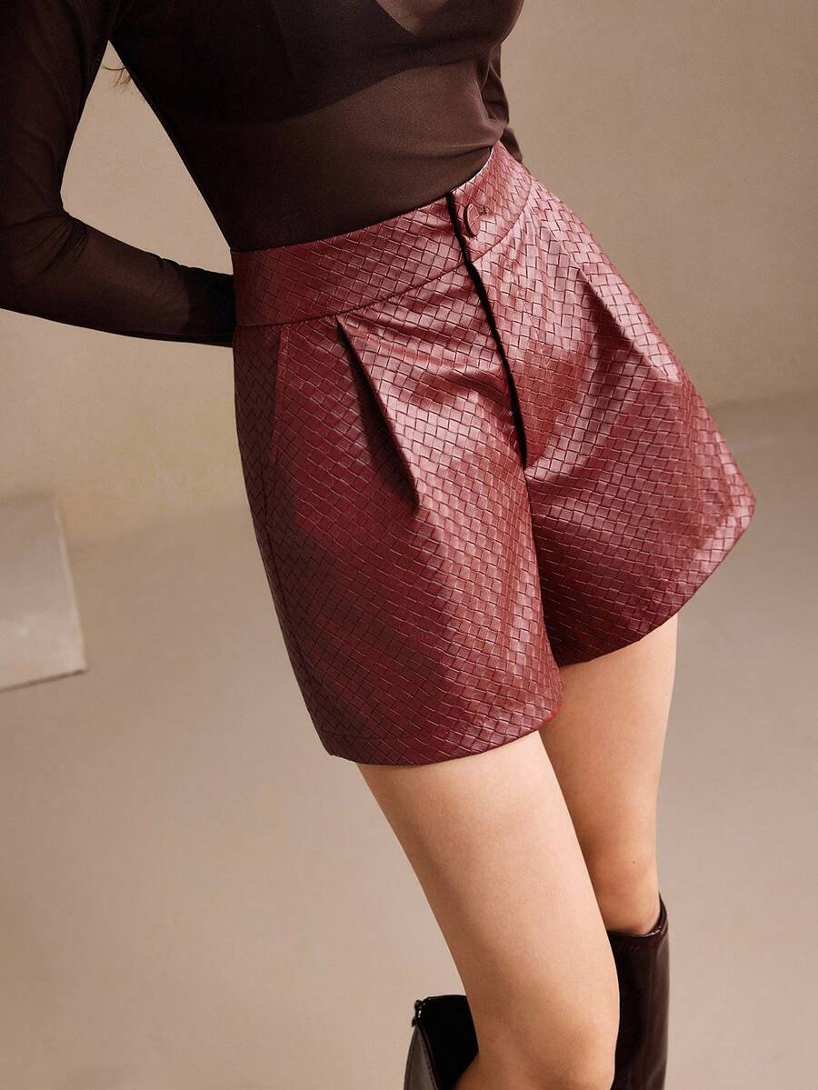 Anewsta Damen Burgunder PU geprägtes Leder Taschen Elegante Business Shorts, Herbst/Winter