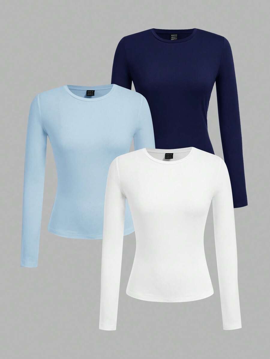 SHEIN EZwear 3件套女士圆领休闲修身长袖T恤套装，藏青色，浅蓝色，白色 - 彩色 - 查看 1