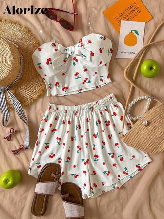 2pcs/Set Teen Girls Cherry Print Tight Crop Top And Loose Elastic Waist Casual Shorts Set, Vacation Summer Outfits Cherry Two Piece Set Cherry Print Two Piece Set Cute Two Piece Set Two Piece Summer Outfit Vacation Outfit