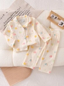 2pcs Baby Girls' Apricot Color Colorful Snail Pattern Lapel Cardigan Long Sleeve & Pants Cotton Pajama Set  Cotton Pajama Set Baby Baby Cotton Clothes Set Baby Pajamas Baby Set Cotton Toddler Cotton Pajamas 6M-3Y Fall Winter