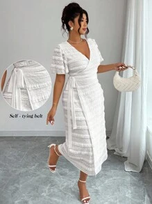 Elenzga 夏季大码女式优雅系带短袖裹身裙