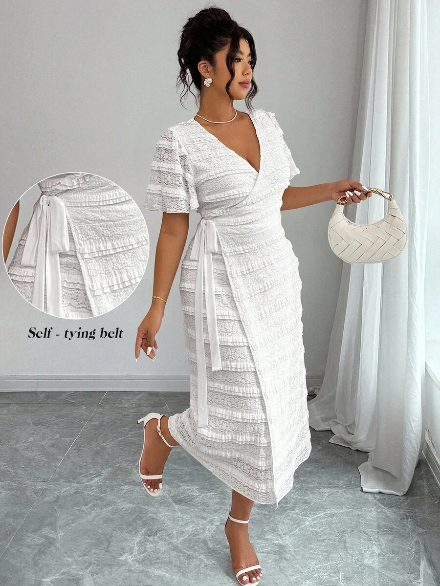 Elenzga 夏季大码女式优雅系带短袖裹身裙