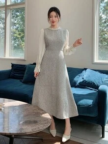 DAZY Đầm cổ tròn đính ngọc trai nhiều màu sắc cho nữ, thắt eo, vải họa tiết, thanh lịch - Nhiều màu - Xem 5