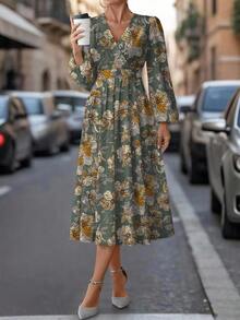 SHEIN Clasi Robe imprimée fleurs vintage verte, style romantique campagnard, convient pour l'automne - Multicolore - Voir 5