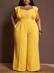 Veslaya 2025 新款女士曲线紧身连衣裤方领荷叶袖褶皱上衣高腰阔腿裤优雅裤套装 - 黃色 - 查看 7