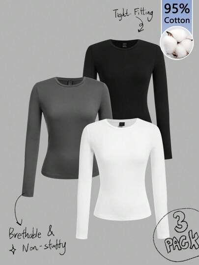 Tseoso 3-częściowy czarno-biały zestaw koszulek z długim rękawem, dopasowanych, idealny na jesień i zimę, 95% bawełny, 3 zestawy koszulek z długim rękawem, bawełniane koszulki damskie, dopasowane bluzki damskie, bluzki z długim rękawem, podstawowe bluzki