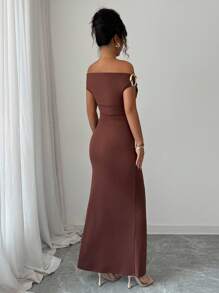 Rafferiza 女士优雅褶饰露肩金属装饰修身派对连衣裙 - 棕色 - 查看 2