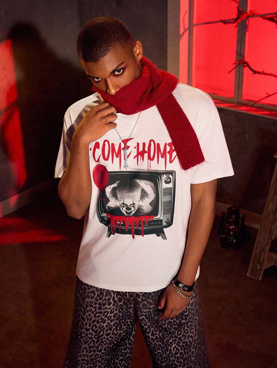 IT x SHEIN Men's Letter & Figure Graphic Round Neck Short Sleeve T-Shirt - White - View 1