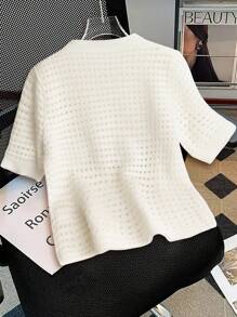 Franclia Áo len dệt kim ngắn tay cổ tròn sọc rỗng mới dành cho nữ (Thiết kế rỗng ngẫu nhiên) - trắng - Xem 2