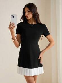 SHEIN Tall Round Neck Mixed Material Ruffle Hem Versatile Mini Dress Women Cocktail Dress Women Short Dresses Women Black Dress,Business Casual - Black - View 4