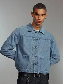 ROMWE MEN Men's Casual Loose Denim Jacket With Single-Breasted Pockets, Autumn - أزرق فاتح اللون - مشاهدة 4