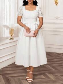 SHEIN Lady Vestido de manga corta con cintura ceñida, decoración de lazo 3D y estampado de rosas blancas