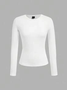SHEIN EZwear 3件套女士圆领休闲修身长袖T恤套装，藏青色，浅蓝色，白色 - 彩色 - 查看 3