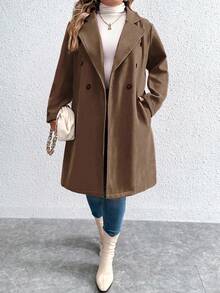 Elenzga Plus Size Casual Solid Color Double-Breasted Overcoat, Autumn/Winter Fall Cloth For Women - Coffee Brown - View 3
