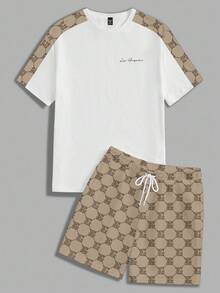 Chillumni Khaki Monogram Diamond Jacquard Contrast Shoulder Splice Casual Printed Men's Standard Fit Short Sleeve T-Shirt And Shorts Set