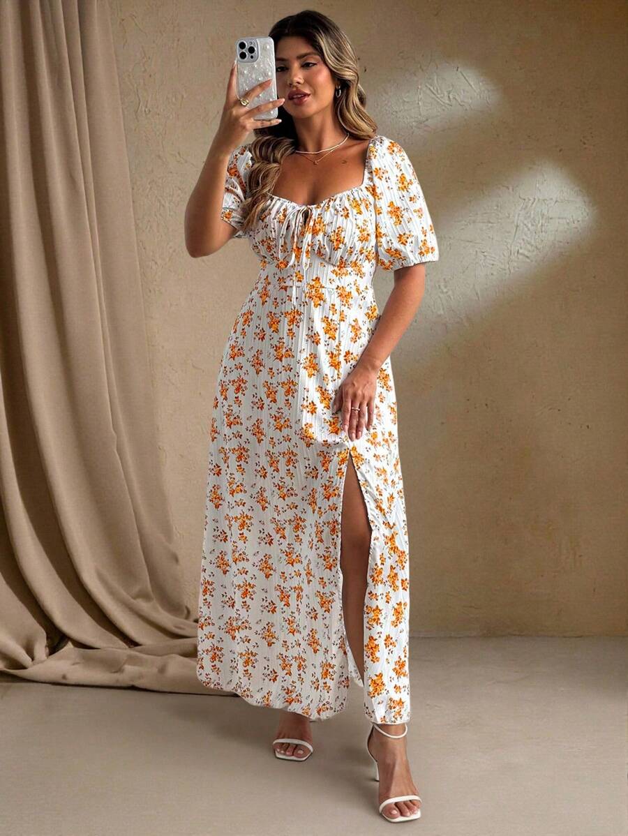 Flirla Gaun Kasual Musim Panas Ukuran Besar dengan Motif Bunga Kecil dan Belahan Tinggi - Kuning - View 1