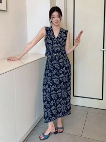 DAZY 女式花卉印花纹理 V 领无袖牛仔短款上衣和宽松长裙 2 件套休闲度假牛仔套装 - 深色水洗藍 - 查看 2