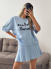 EURMUSE Women Slogan Embroidered Crew Neck Short Sleeve Casual Knit Top And Pleated Knitted Blend Mini Skirt Set,Petite Co Ord,Co Ord,Petite,Winter Clothes - Blue - View 4