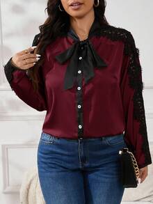 SHEIN Privé Plus Size Women Elegant Everyday Comfortable Lace Patchwork Bowknot Slim Fit Long Sleeve Khaki Blouse, Spring/Autumn