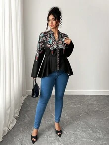 Elenzga Plus Size Women's Print Ruched Waist Asymmetrical Hem Long Sleeve Shirt, Fashionable, Unique, Elegant, Retro, Soft, Suitable For Business Casual Fall Cloth For Women