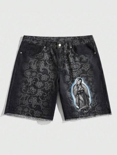 Goth Men's Floral Print Pocket Loose Casual Denim Shorts