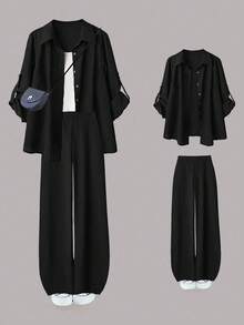 Linhara Plus Size Women's Casual 2 Pieces Set, Solid Color Turndown Collar Single-Breasted Casual/Work Shirt And High Waist Loose Wide Leg Pants Suit Fall Cloth For Women