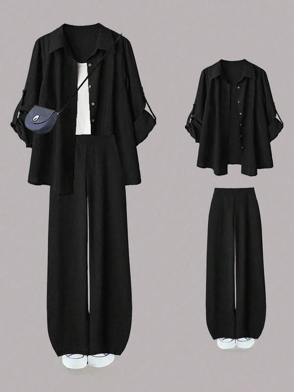 Linhara Plus Size Women's Casual 2 Pieces Set, Solid Color Turndown Collar Single-Breasted Casual/Work Shirt And High Waist Loose Wide Leg Pants Suit Fall Cloth For Women