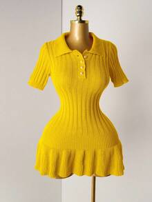 Mistrie 女式针织珍珠纽扣罗纹橙色褶皱迷你连衣裙，短袖性感紧身简约毛衣裙 - 黃色 - 查看 3