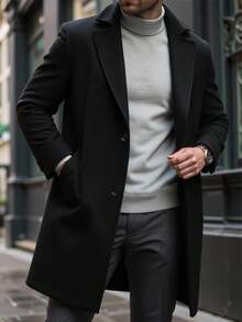 Manfinity Mode 男士纯色口袋纽扣长袖大衣，秋季服装，冬季