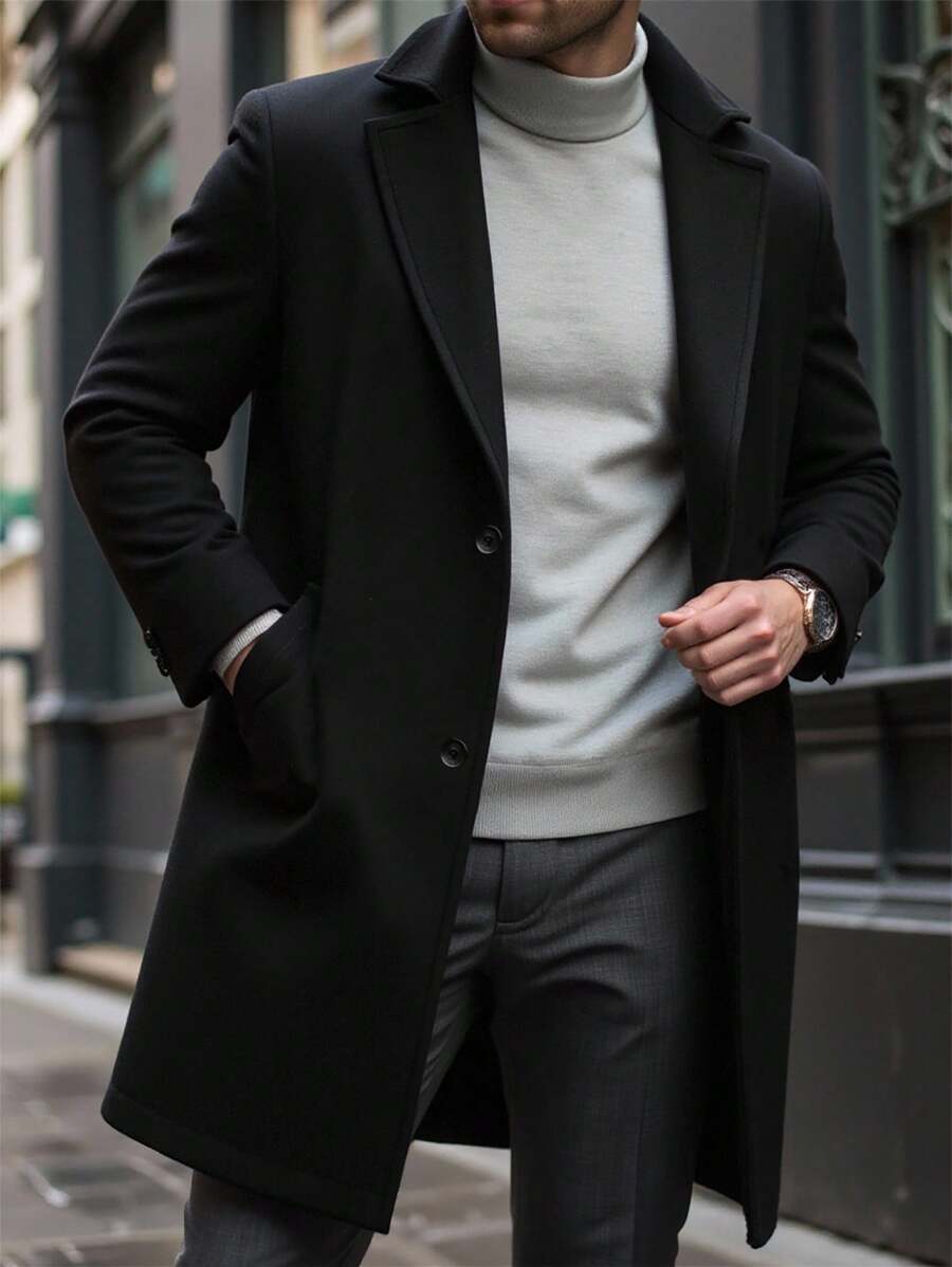 Manfinity Mode 男士纯色口袋纽扣长袖大衣，秋季服装，冬季