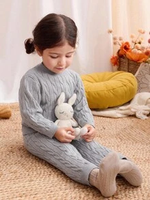 Blossori Baby Girl Cable Pattern Long Sleeve Sweater And Knitted Pants Set, Autumn Fall Winter - Grey - View 1
