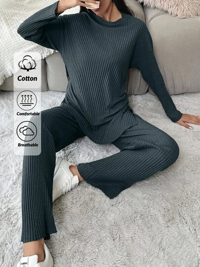 RueChic Cotton 2pcs/Set Solid Color Simple Top And Pants Outfit