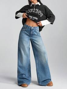 EURMUSE Low Waist A-Line Wide Leg Denim Jean Crop Hoodies For Women Long Sleeve Crop Top Crop Top Graphic Tees Women Crop Jeans Top - Medium Wash - View 5