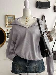 SHEIN 女士立领半拉链宽松纯色落肩休闲运动衫 - 灰色 - 查看 1